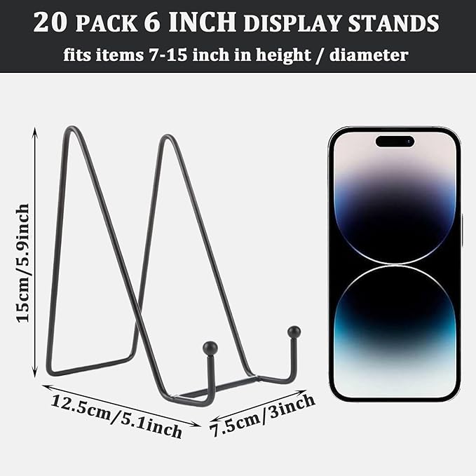 Acrux7 20 Pack Plate Stands for Display 6 Inch Easel Stand, Black Metal Photo Picture Stands, Small Plate Holders Display Stand for Displaying Decorative Plates, Platter, Book, Photo Easel (Black)