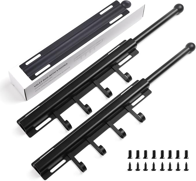 12" Valet Rod for Closet Pull Out With 4 Hooks Valet Rods for Closets (2Pack Black) Closet Valet Rod Slide Out