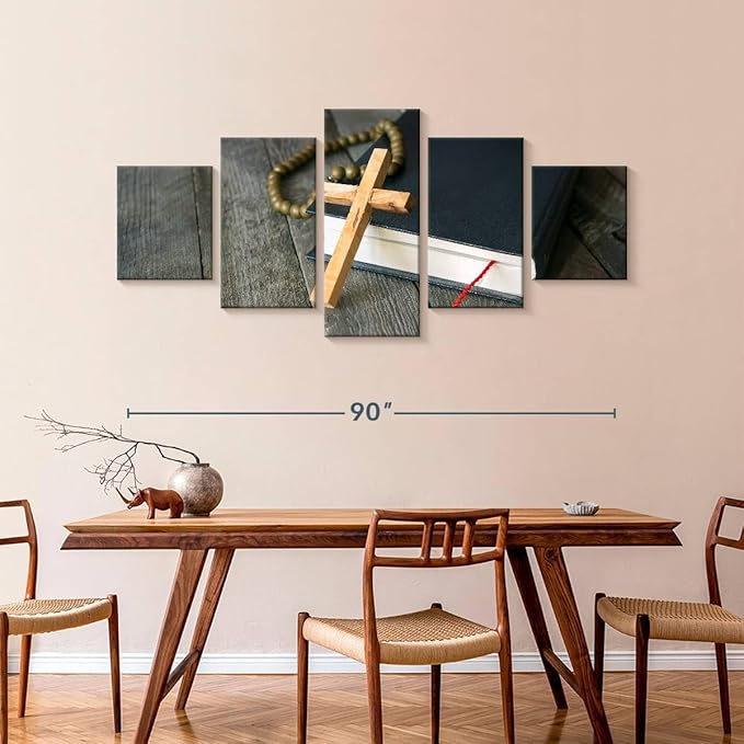 Elephant Stock Cross Canvas - 5 Panel Christian Pictures Decor - Canvas Print Wall Decor - Christian Cross Wall Art - 92" X 42"