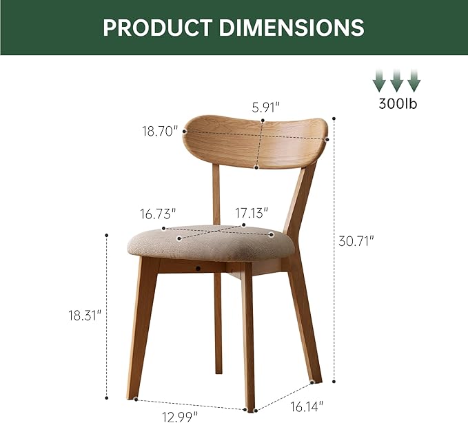 100% Solid Oak Dining Chairs, Mid Century Modern Dining Chair with Curved Backrest, Fabric Upholstered Dining Chairs for Kitchen, Study, Living Room (2, Original Wood-Gray Cushion)