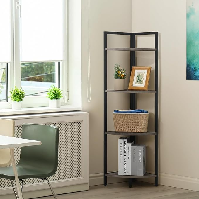CAPHAUS 4 Tier Corner Shelf, 46.5-Inch Tall Bookshelf, Display Rack With Metal Frame, Round Shelf Unit, Small Stand for Bathroom, Living Room, Home, Office, Dark Grey