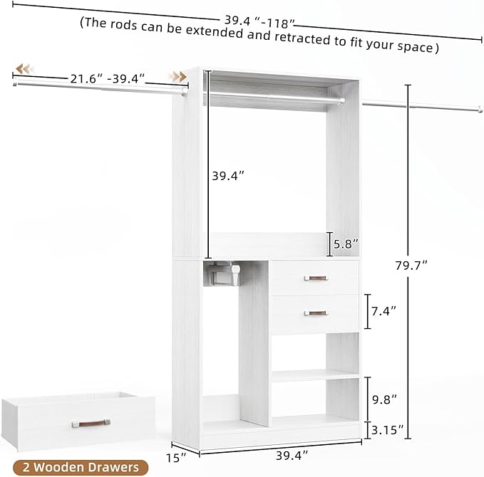 Flrrtenv Closet System, 6.8-9.8Ft Closet Organizer with 2 Wooden Drawers and Pull-out Pants Organizer Rod, Walk-in Wood Closet Organizer Wardrobe Clothes Rack with 3 Hanging Rods, White&Oak