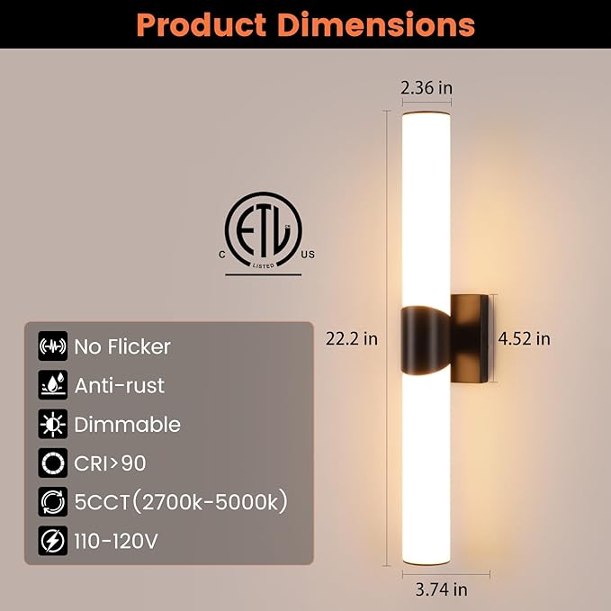 Modern Wall Sconce 22 Inch Black Bathroom Sconces Led Wall Lights with Acrylic Shade Hardwired Long Vanity Lighting Fixtures Over Mirror for Bedroom Living Room Hallway