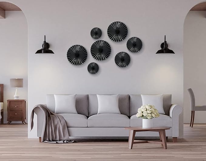 ITrixgan 7 Pieces Black Wall Art Metal Modern Round Large Sunburst Hanging Wall Decor Above Bed TV for Home Office Bedroom Living Room