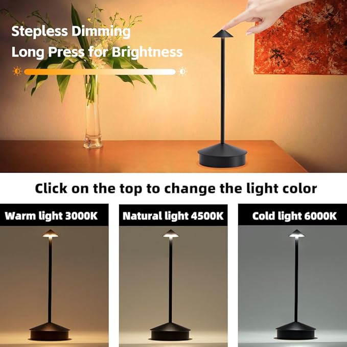 Rechargeable Cordless Table Lamp set of 2, 6000mAh Battery Operated Desk Lamps, Portable LED Touch Lamp Outdoor Camping Lamp 3 Color Stepless Dimming Lamp For Bedroom/Restaurant/Patio (Black)