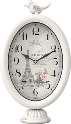 Vintage Table Clock with Bird, Desk and Shelf Decor Clock, French Paris Style, Antique White Metal Mantel Clocks for Living Room, Farmhouse, Bedroom, Bedside, Gift (10" H x 5.9" W)