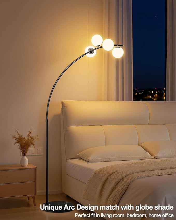 Lightdot Black Arc Floor Lamp for Living Room, 4 Globe Floor Lamp with Shatterproof Shade& Mable Base, Mid Century Modern Tall Standing Lamp for Bedroom/Sofa Beside/Corner Decor(Bulbs Included)