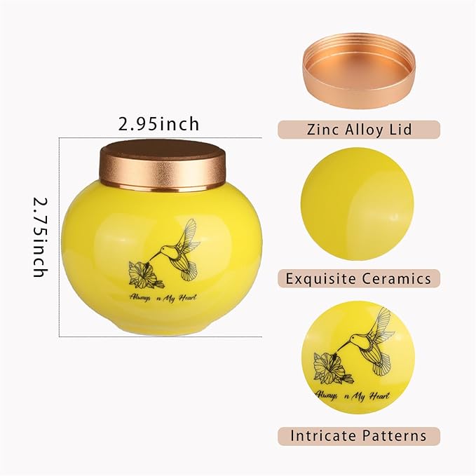 Ceramic Small Urn for Human Ashes Keepsake Mini Decorative Urn with Metal Threaded Lid Secure Seal for Adult or Pet Ashes - Yellow