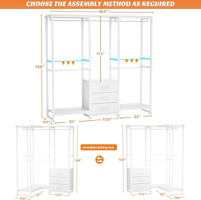 Aheaplus Garment Rack Heavy Duty Clothes Rack for Hanging Clothes,Clothing Rack with Drawers, Wood Stoarge Shelf Freestanding Closet Wardrobe Rack, Corner L Shaped Closet System Organizers, W3,White