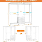 Aheaplus Garment Rack Heavy Duty Clothes Rack for Hanging Clothes,Clothing Rack with Drawers, Wood Stoarge Shelf Freestanding Closet Wardrobe Rack, Corner L Shaped Closet System Organizers, W3,White