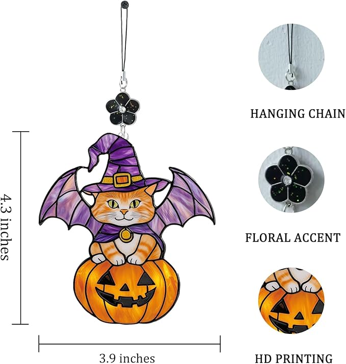 Halloween Cat Pumpkin Stained Glass Style Ornament, Acrylic Window Hanging Suncatcher Decoration, Cute Witch Cat on Jack O’Lantern Decor for Christmas Tree, Garden, Gift for Women Mom Birthday Holiday