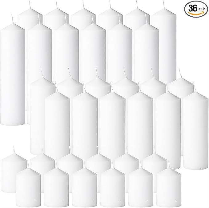 White Pillar Candles Bulk Set of 36，Hurricane Candles，3 Different Lengths 2 x 3/6/8 Inch (12 Each)，Dripless Unscented Smokeless，Gives You a Better Atmosphere When Organizing an Event Party.