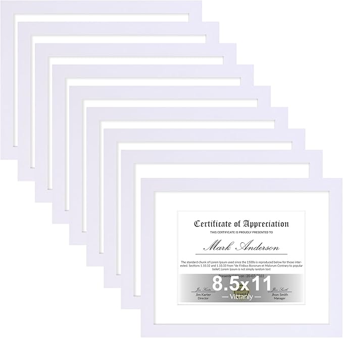Vittanly 8.5x11 Picture Frames Set of 9, Shatter Resistant Plexiglass, Display 6x8 Pictures with Mat or 8.5x11 without Mat, Photo Frames for Wall or Tabletop, Engineered Wood, White