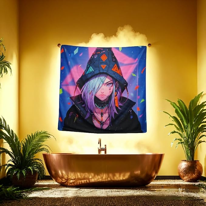 HOUHUANG Hanging paintings, blacklight tapestry, murals, and decorative paintings, fluorescent anime, cartoons, polyester material (59 "x 59") for families, bars, and outdoor parties (Cloak Girl)