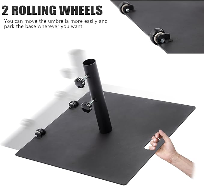 Heavy Duty Patio Umbrella Base with Wheels, Outdoor Umbrella Stand for Market Umbrellas, Square Steel Base, Wind-Resistant, Sturdy for Deck, Poolside, Balcony, Black