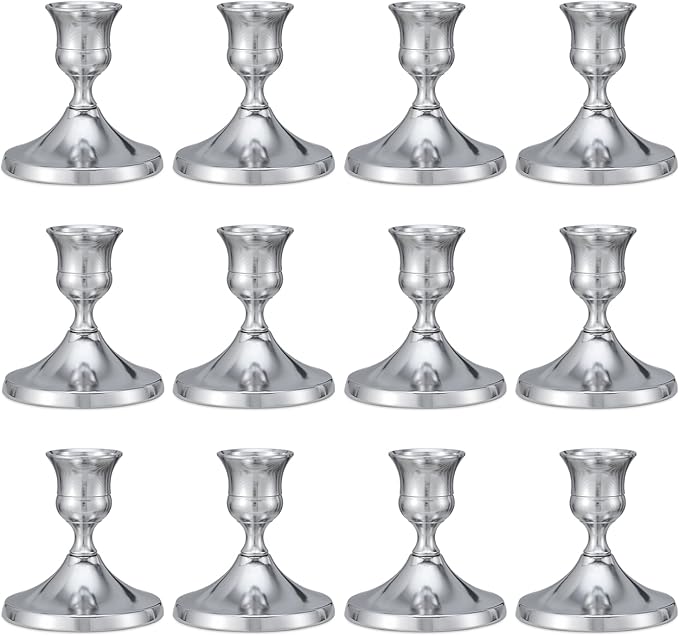 12 Pcs Silver Taper Candle Holders Vintage Candlesticks Holder for Home Decor Table Centerpiece Dining Party Festival Decorations (Sliver)