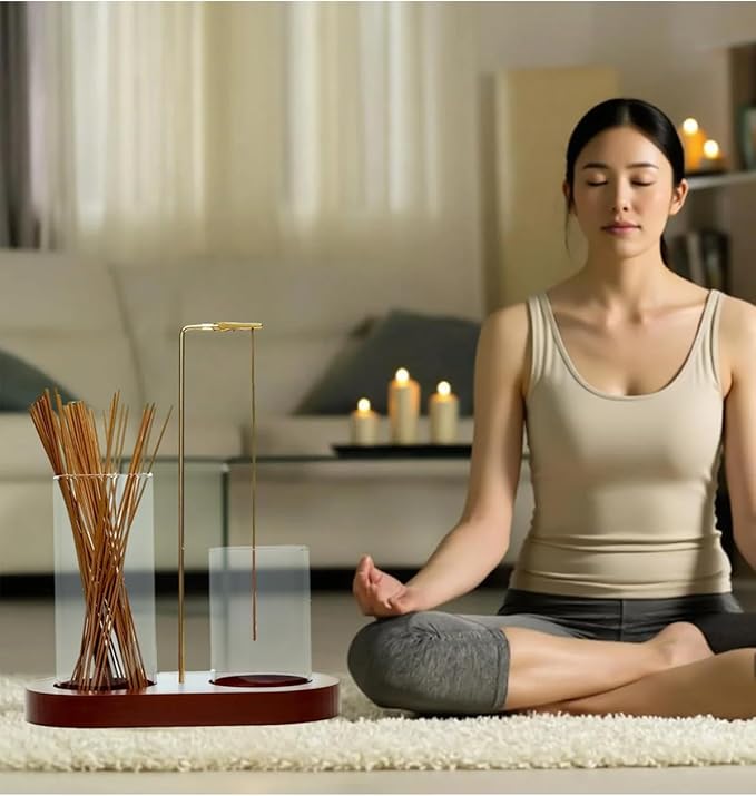 2 in 1 Glass Incense Holder for Sticks with 9-Hole Upright Burner, Ash Catcher, Cleaning Brush & Greeting Card, Meditation & Yoga Accessories,Gift for Home Decor (Light Base)