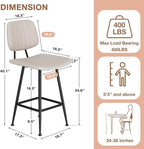 24-Inch Leather Bar Stools Set of 2, Counter Height Barstools with High Backrest，Bar Chairs for Kitchen Island with Heavy Duty Metal Base, Beige