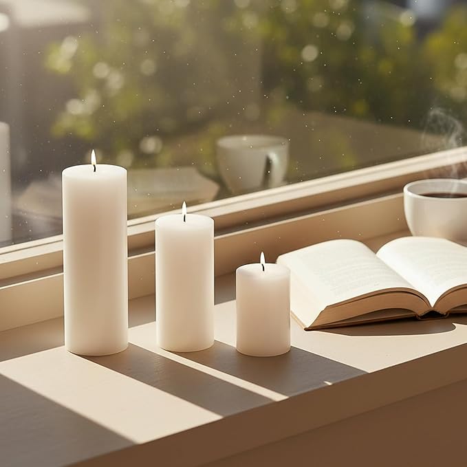 18 Pcs White Pillar Candles Bulk Set，2x3 2x4 2x6 Inch - 12 Each Size，Hurricane Candles，Dripless Unscented Smokeless，Gives You a Better Atmosphere When Organizing an Event Party.