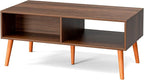 Coffee Table with Storage, Boho Dining Table with Rattan Drawer and Solid Wood Legs, Small Coffee Tables for Living Room, Walnut