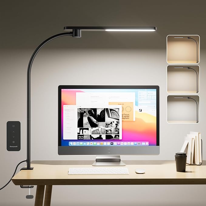 Honeywell HJ2 Gooseneck LED Desk Lamp with Clamp,3-Color Stepless Dimming.Flexible Metal Lamp Arm,CRI ≥ 97.Adjustable Small Desk Lamp for Home Office,Studying, Reading, Artists & Crafters (Black)