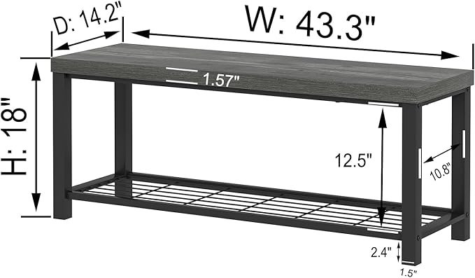 EXCEFUR Entryway Bench, Industrial Metal and Wood Storage Bench for Living Room, Indoor Shoe Rack Bench Seat, 43.3 Inch Grey