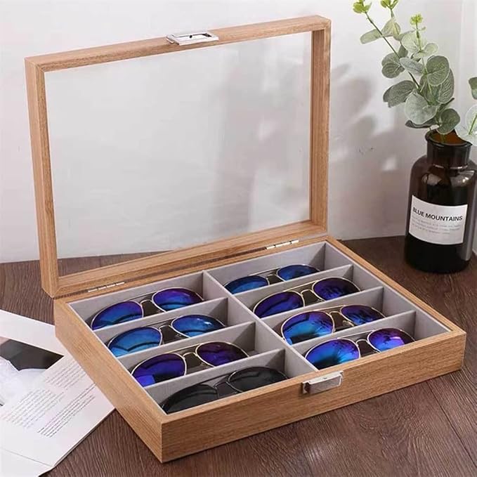 Eyeglass Sunglass Storage Box 8 Slot Wooden Glasses Display Case Organizer Jewelry Holder Collection
