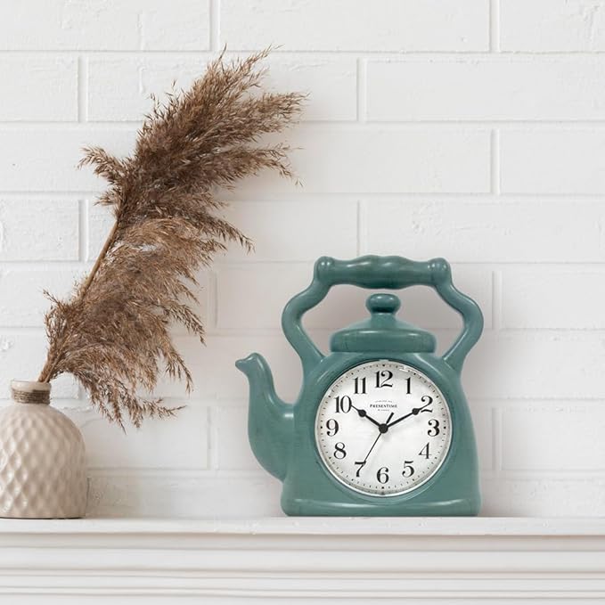Presentime & Co. 11" Teapot Clock, Silent Non Ticking, Modern Farmhouse Style, Wall & Mantel 2 in 1 Clock, Desk & Shelf, Aged Teal Finish (Wall Deocration/Home Decoration/Tabletop Décor)