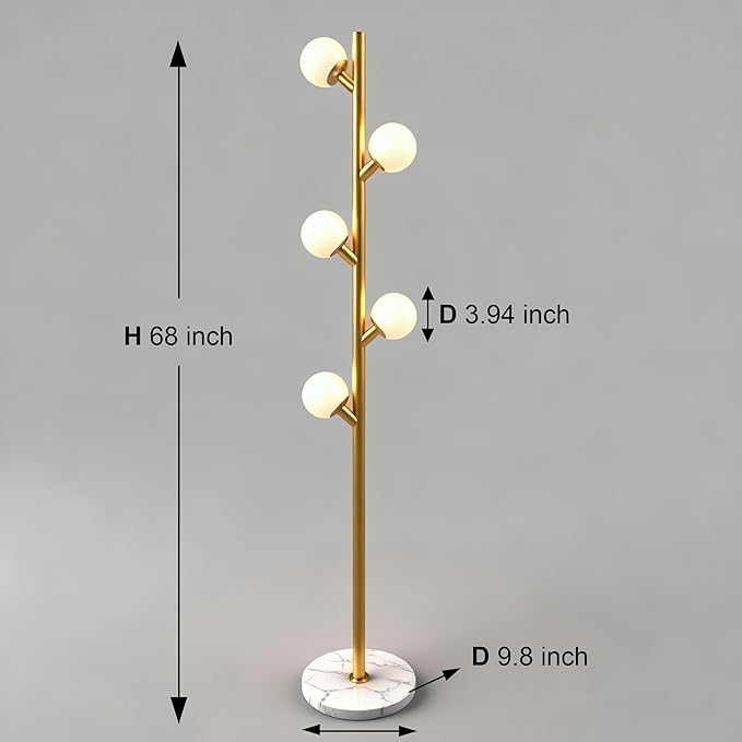 Fiqevs 5 Globe Floor Lamp for Living Room, Mid Century Modern Standing Lamp with Orb Frosted Glass Shade and 5 LED Bulbs, Elegant Tree Tall Lamp for Bedroom Office - Antique Brass/Gold