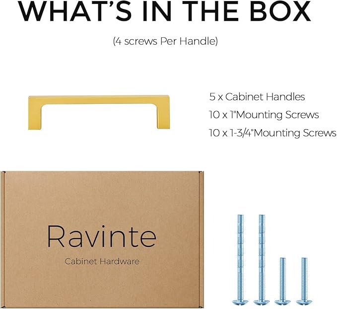 Ravinte 5 Pack Solid 4 Inch Kitchen Square Cabinet Handles Brushed Brass Cabinet Pulls Drawer Pulls Kitchen Cabinet Hardware Handles