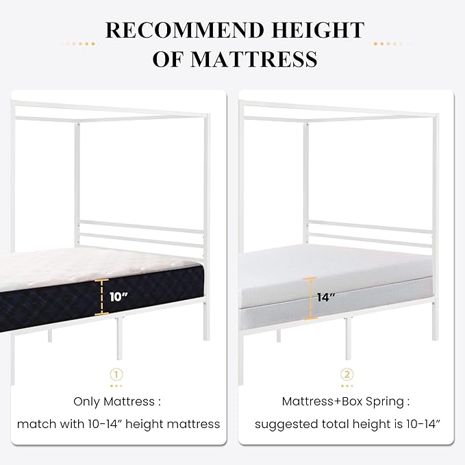 SHA CERLIN Canopy Bed Frame Full Size/Mattress Foundation with Metal Slats Support/No Box Spring Needed/Easy Assembly/White