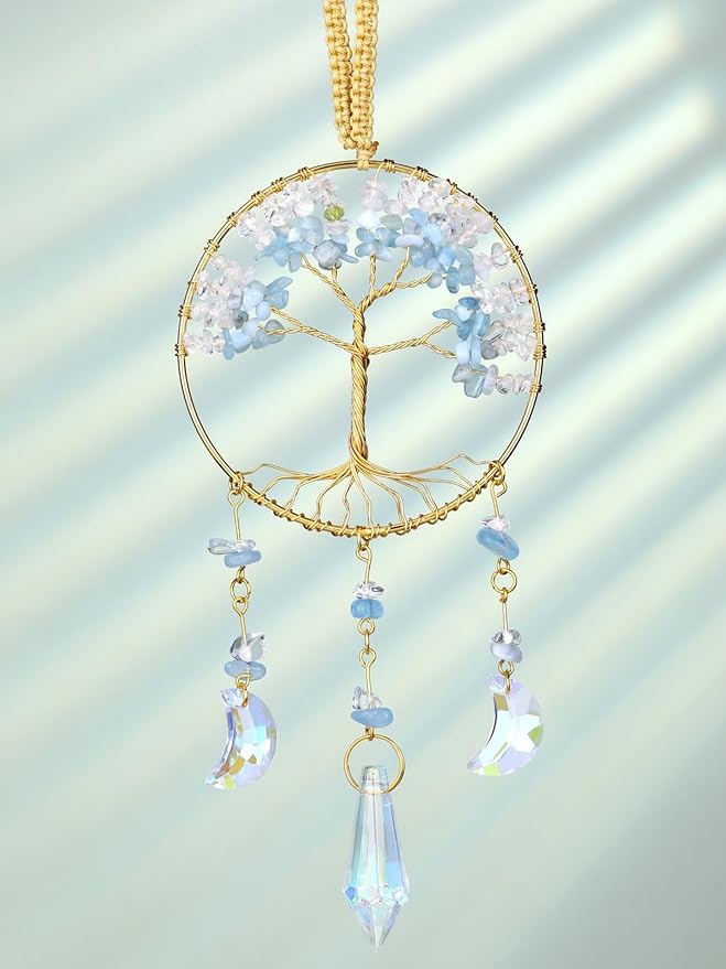 CrystalTears Crystal Tree Life Hanging Ornament Handmade Aquamarine Clear Quartz Healing Crystal Gemstone Glass Suncatcher for Home Window Wall Decoration Crystal Gifts for Women Men Friends