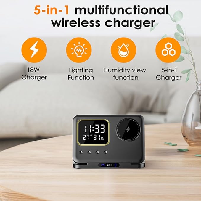 IHAO 5in1 Multi Functional Wireless Charger with Digital Clock 18W Fast Charge Night Light Temperature Display Magnetic Attraction Compliant for iPhone, Apple Watch and Qi Headphone-DH13 White