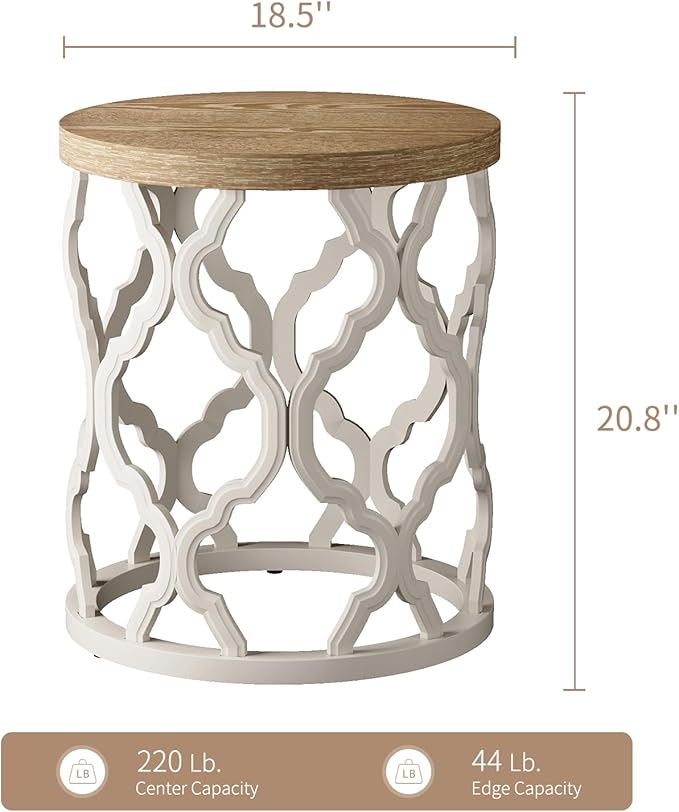 karlott Farmhouse End Table, 18.5'' French Country Round Side Table, Distressed Top Side Table with Curved Motif Frame Base for Boho, End Tables Living Room, Bedroom, Small Space, Easy Assembly