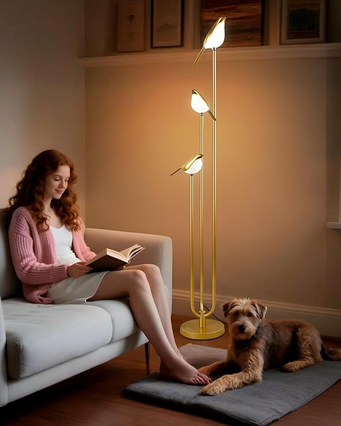 Lightdot Gold Floor Lamp for Living Room Modern Mid Century Standing Light with 3 Adjustable LED Bird Lights for Wedding Party Unique Tall Floor Lamp for Bedroom Kids Room/Sofa Beside/Corner Decor