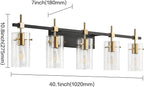 SOLFART 40.1 inch Vintage Brass Bathroom Vanity Light fixtures Bathroom Wall Lights Over Mirror with Glass Shade 5 Light