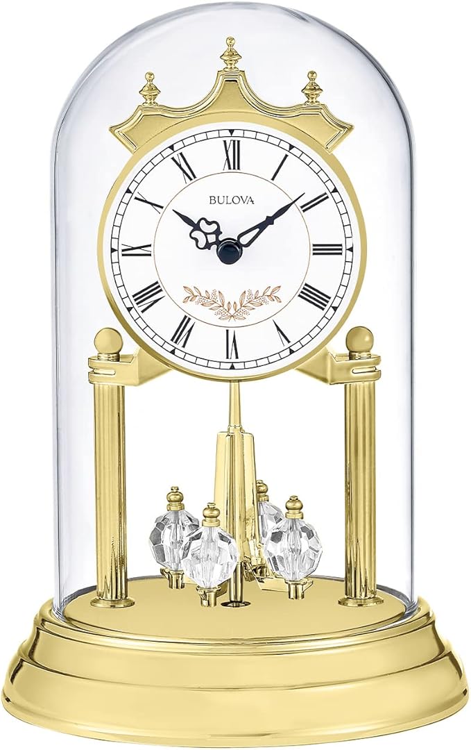 Bulova B8821 Heather Anniversary Clock | 9" Glass Dome Design | Rotating Crystal Pendulum | Westminster Chime | Engraving Plate