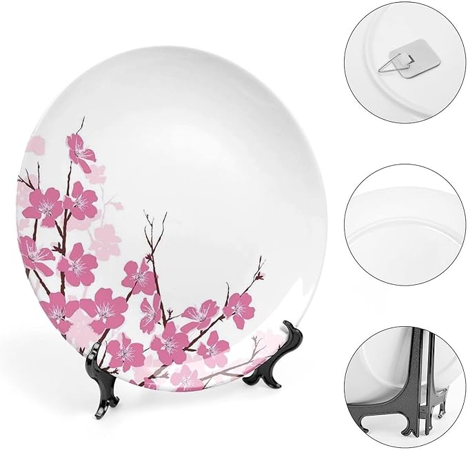 Decorative Plates, Asian Decor Print Ornament, Japanese Cherry Blossoms with Branches Spring Time, 7 Inch, 1 Plate with 1 Display Stand, Pink White