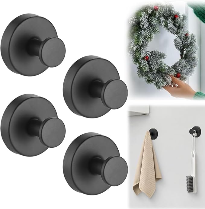 2026 Upgraded Suction Cup Hooks for Door Wreaths, Removable No Drill Wreath Hangers for Front Door, Reusable Hooks Holder for Glass Window Towel Shower Bathroom Kitchen (4, Black)