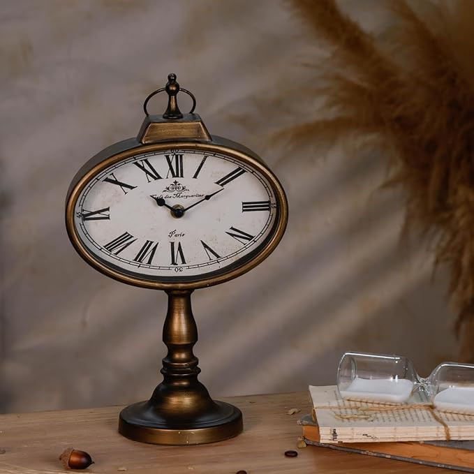 NIKKY HOME Antique Mantel Clock, Gold Retro Desk Clock Silent-Non-Ticking Battery Operated Decorative Desk Table Clock for Home, Office, Living Room, Bed Room