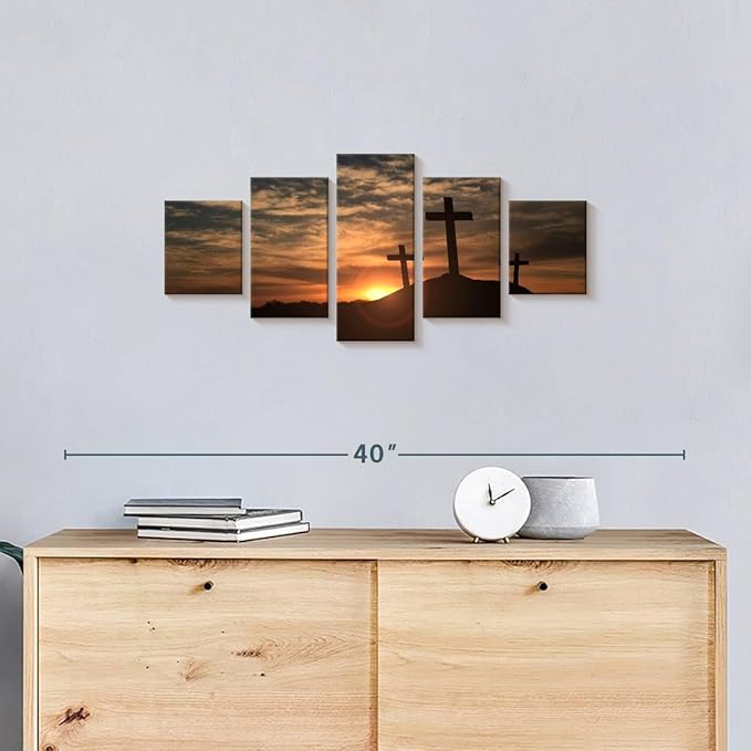 Elephant Stock Cross Silhouettes Wall Art Multi Piece Canvas - 5 Panel Christian Pictures Decor - Digital Design Canvas Print - Christian Wall Decor - 29" X 12"