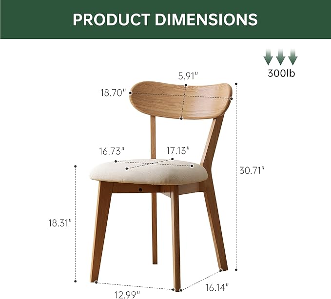 100% Solid Oak Dining Chairs, Mid Century Modern Dining Chair with Curved Backrest, Fabric Upholstered Dining Chairs for Kitchen, Study, Living Room (4, Original Wood-Pear White Cushion)