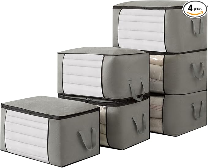 Large Storage Bags,Clothes Storage Bins Foldable Closet Organizers Storage Containers with Durable Handles Thick Fabric for Blanket Comforter Clothing Bedding grey, 90L(4Pick)