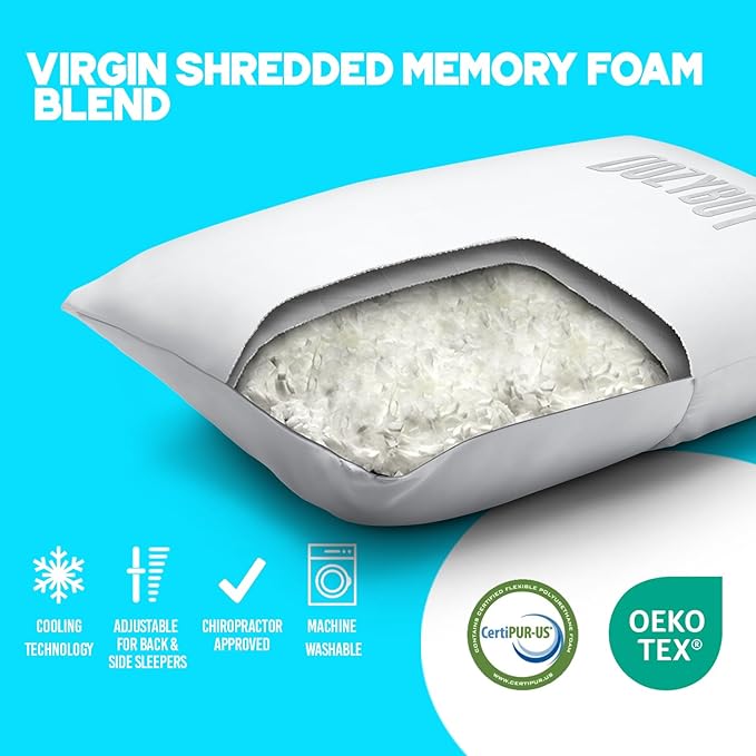 Fluff and Stuff Comfort Pillow | Queen Size Memory Foam Pillows, Chiropractor Designed and Approved 2-in-1 Back Support and Bed Pillows | Fully Adjustable Pillow (White, Queen (Pack of 1))