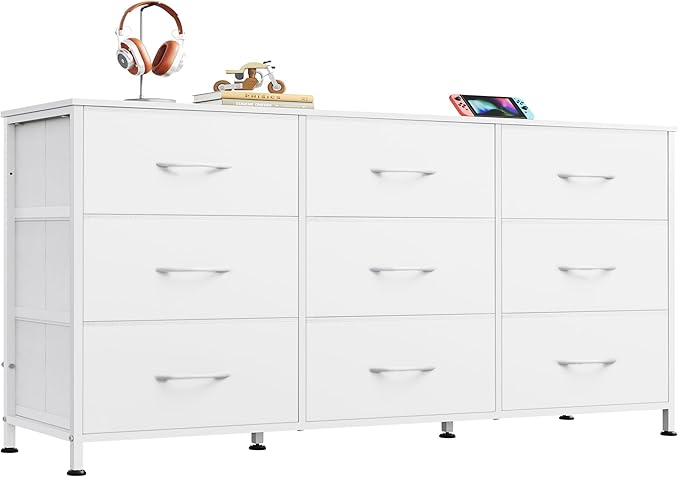 WLIVE 47''W Dresser for Bedroom, White Dresser TV Stand for 45, 50, 55 inch TV, Wide Chest of Drawers with 9 Drawer, Large Entertainment Center, Fabric Dressers with Wood Top for Closet, Living Room