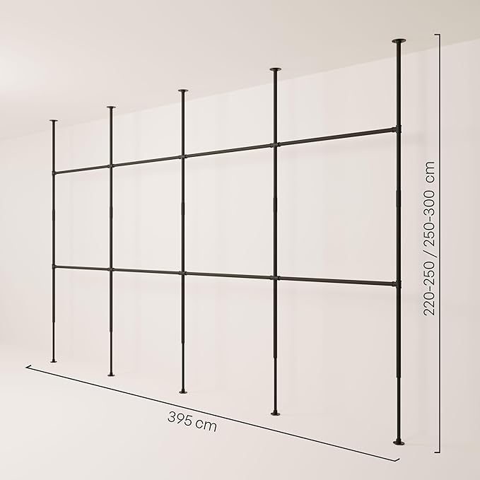 pamo Black Industrial Pipe Clothing Rack - LOFT IV - Steplessly Adjustable Closet Organizer System for Ceiling Heights between 86" - 98"- Suitable as Closet Clothes Rack or Room Divider