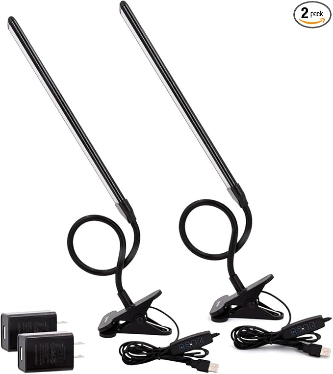 Clamp on Lamp, Clip Light, Desk Lamps 3 Color Temperature Setting, 10 Brightness Levels, 2m USB Cord Power Supply and AC Adapter Included, Pack of 2 (Black)
