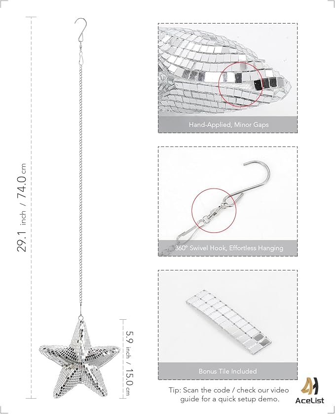 AceList Star Hanging Disco Ball Decor – Set of 3 Mirror Star Sun Catchers, 5.9" Sparkle Ornaments for Window, Bedroom, Gift or Christmas Decorations, Unique Mirror Disco Ball Decorations for Home
