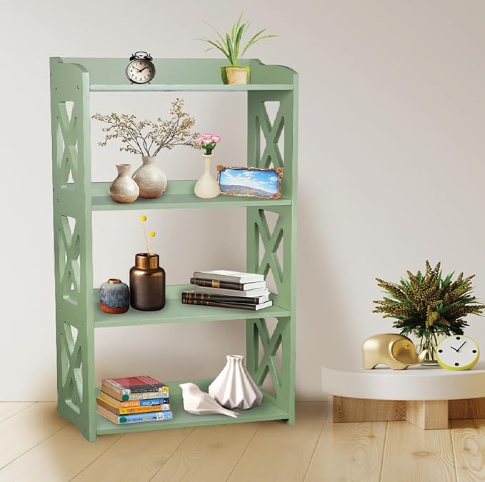 Green Bookcase by Natural Wood, 4 Tier Bookshelf, Small Book Shelves Freestanding Display Storage Shelves. Open Bookshelf for Bedroom, Living Room and Office (Green, 4 Tier)