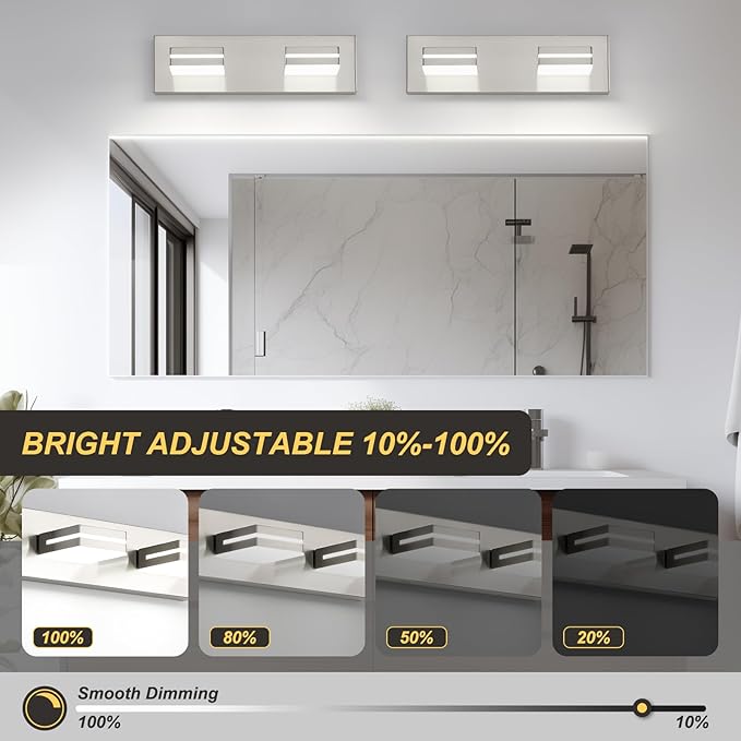 OKELI 2-Light Bathroom Vanity Light Fixture Brushed Nickel Modern Mirror Front Lamp for Bathroom, Stairs, Hallway Bedside Dimmable Cold White 24W ETL Listed, 350° Adjustable Lamp Head